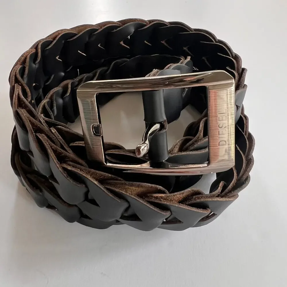 Diesel Black Braided Leather Belt Extra Long 58” Gunmetal Buckle Boho Punk